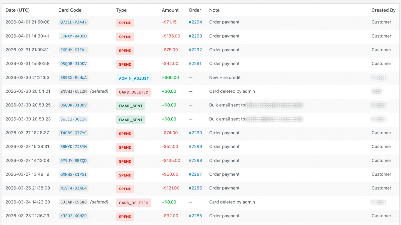Company Cards transaction and balance audit log inside WooCommerce admin.