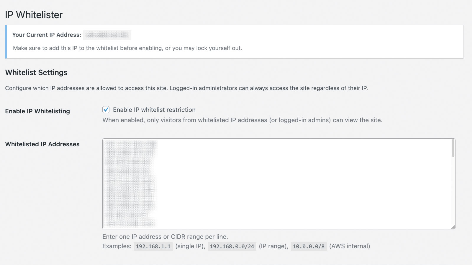 IP Whitelister settings panel with IP and CIDR allowlist controls.