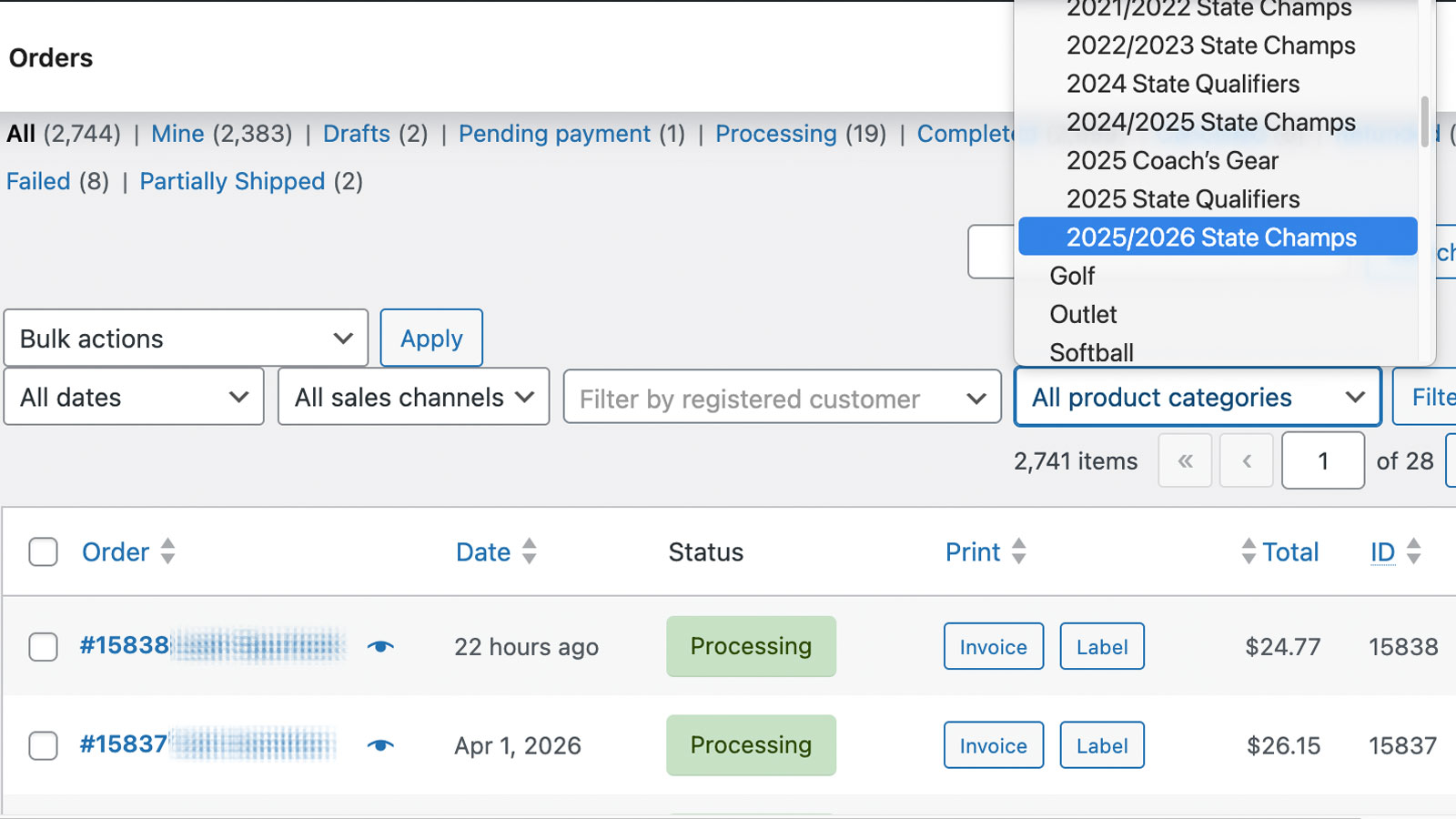 WooCommerce orders table with Order Sort By Category filter controls enabled.