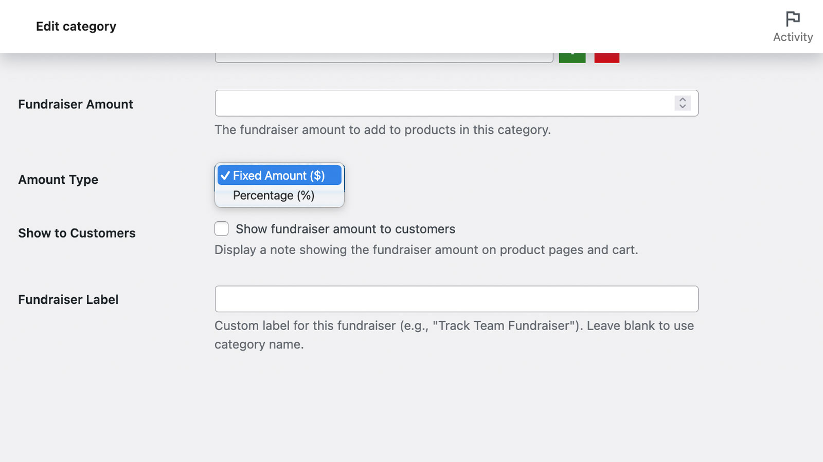 Simple Fundraiser campaign setup controls in WooCommerce admin.